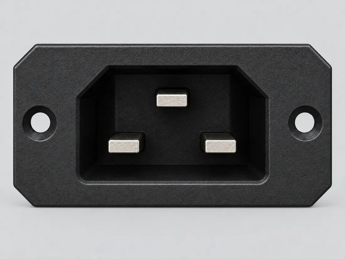 IEC 60320 C22 very-hot-condition appliance inlet: mating face. Computer-generated illustration, not a photograph.