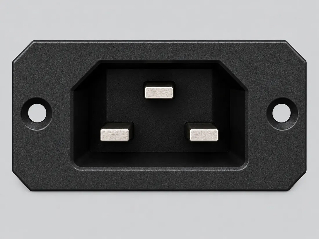 IEC 60320 C22 very-hot-condition appliance inlet: fitted in place. Computer-generated illustration, not a photograph.