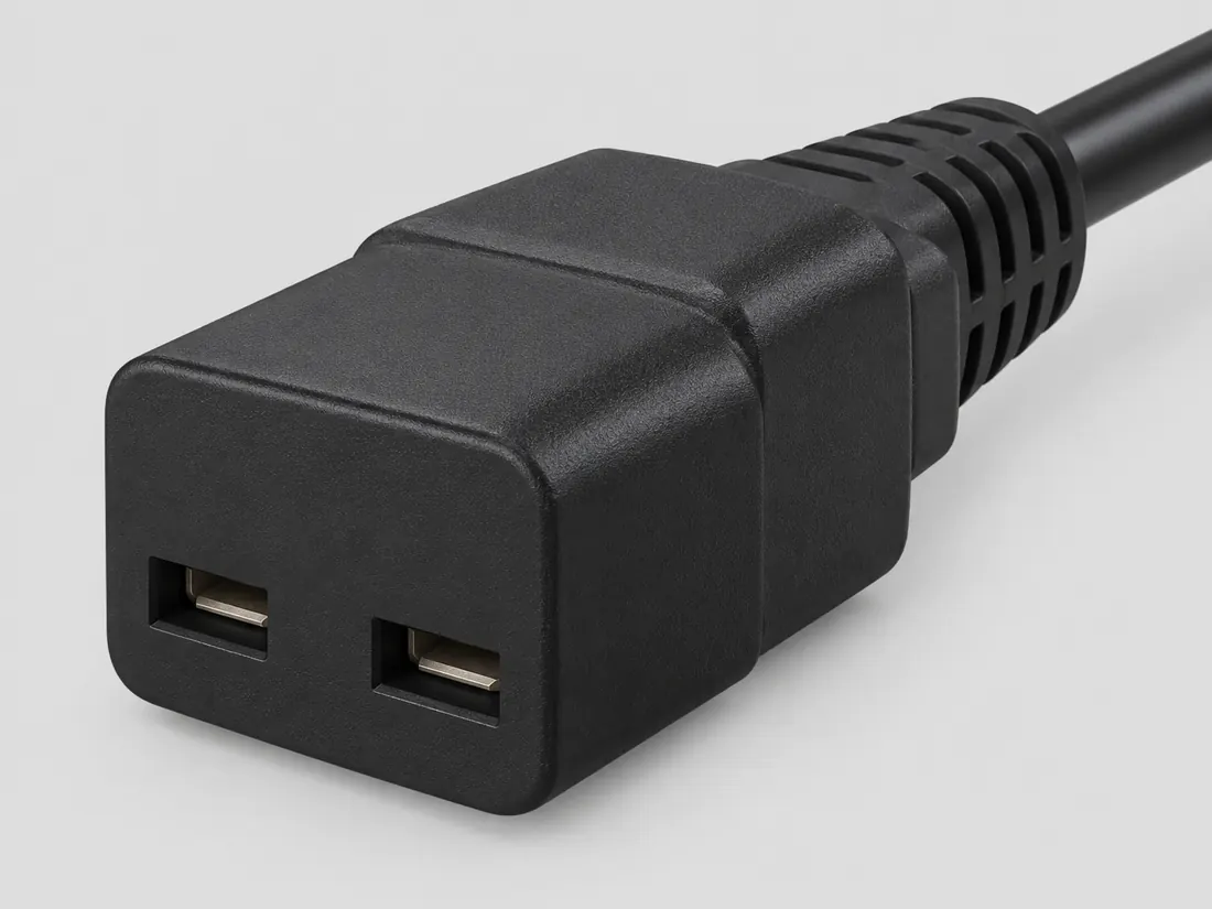 IEC 60320 C23 cord connector: three-quarter view. Computer-generated illustration, not a photograph.