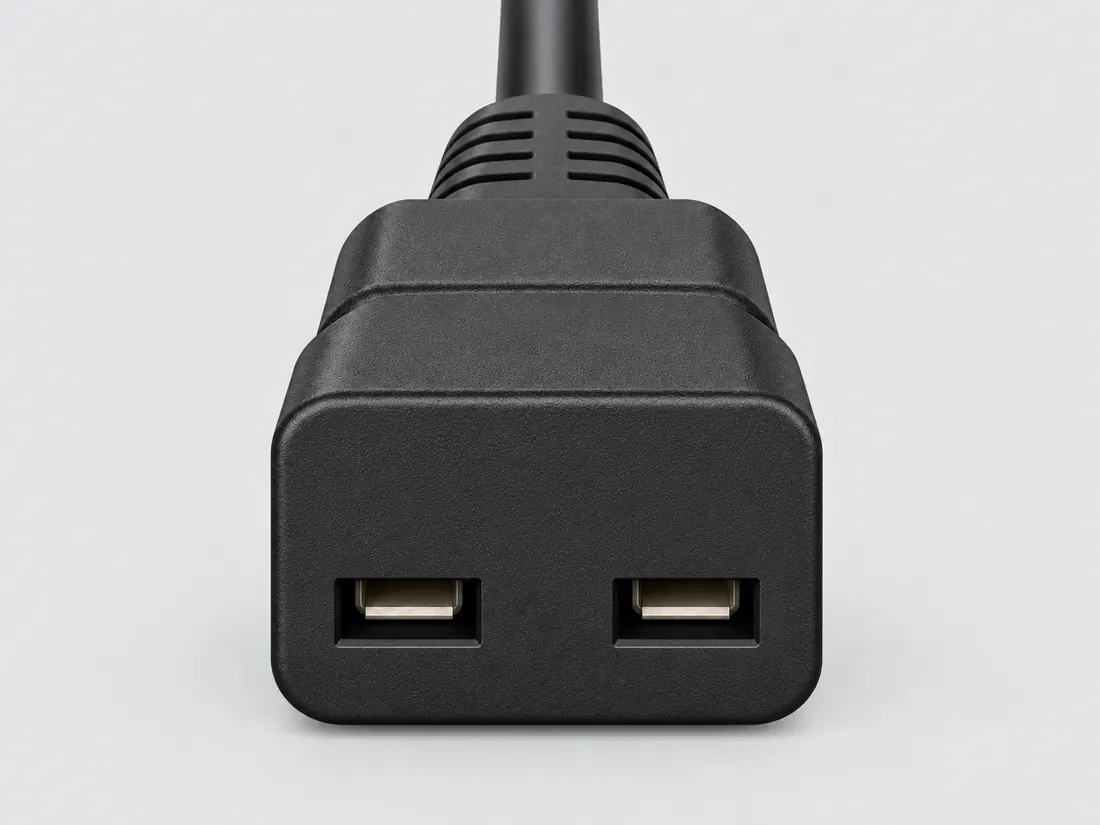 IEC 60320 C23 cord connector: fitted in place. Computer-generated illustration, not a photograph.