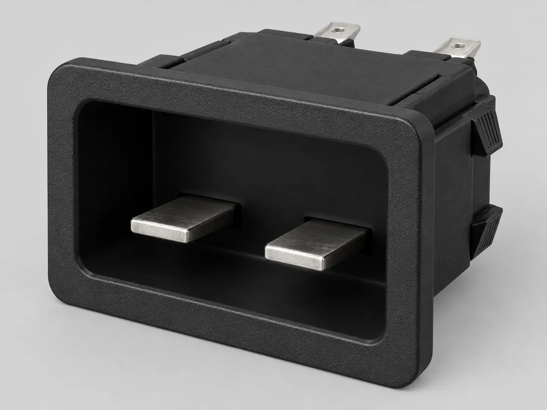 IEC 60320 C24 appliance inlet: three-quarter view. Computer-generated illustration, not a photograph.