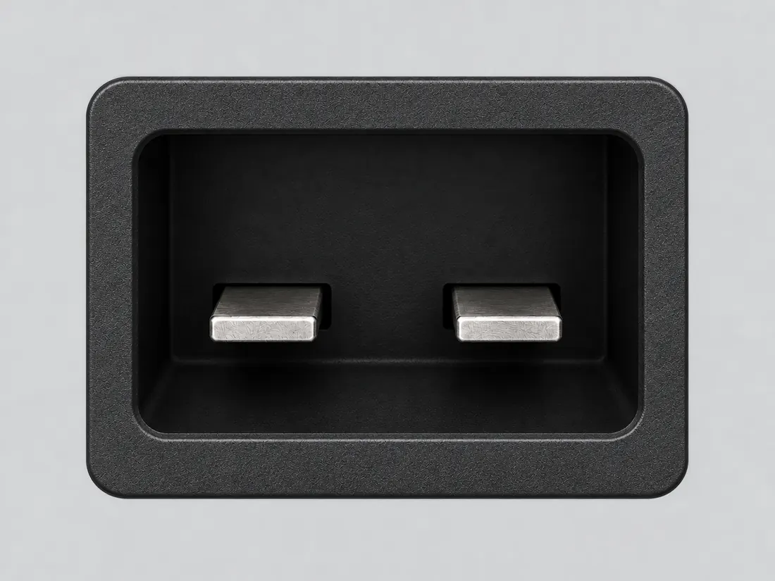 IEC 60320 C24 appliance inlet: fitted in place. Computer-generated illustration, not a photograph.