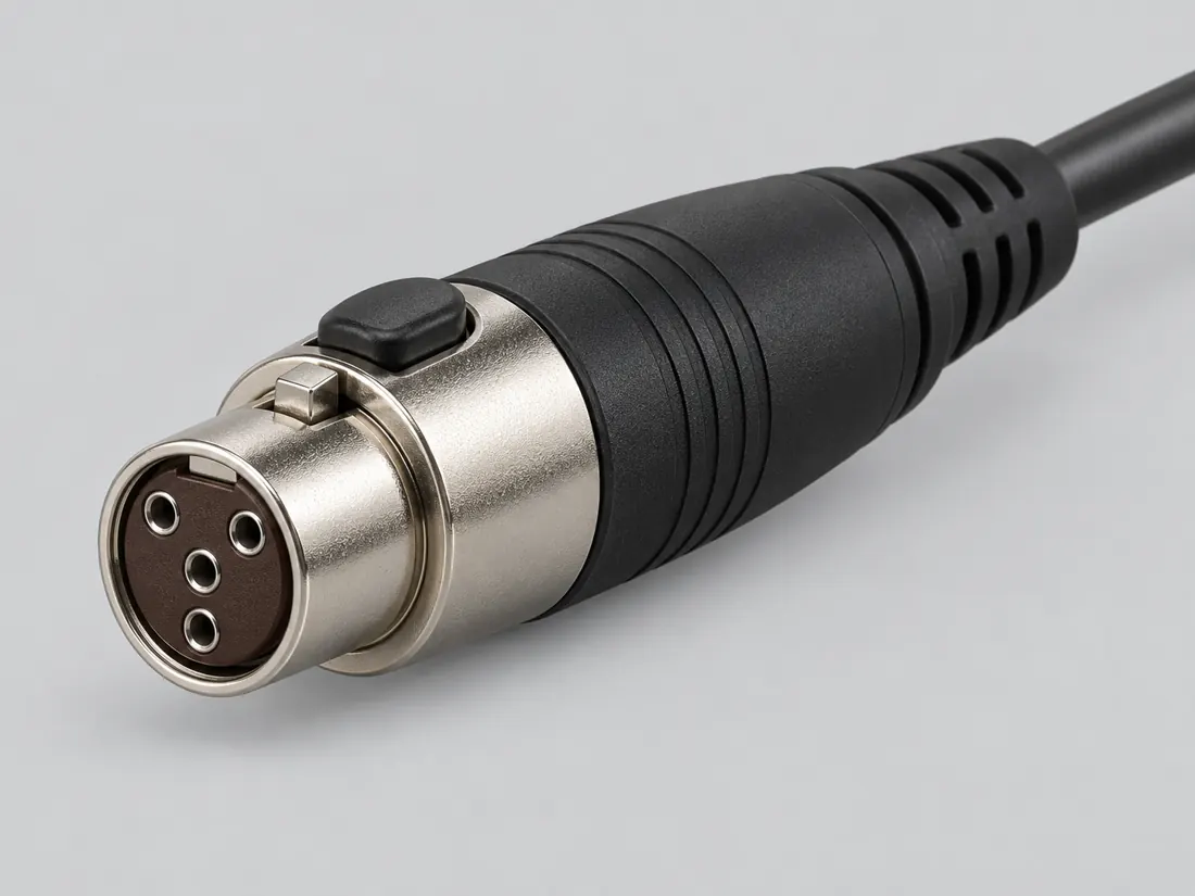 4-pin Mini-XLR (Switchcraft Tini-QG) connector: three-quarter view. Computer-generated illustration, not a photograph.