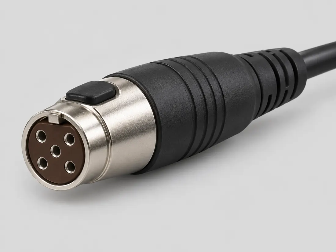 5-pin Mini-XLR (Switchcraft Tini-QG) connector: three-quarter view. Computer-generated illustration, not a photograph.