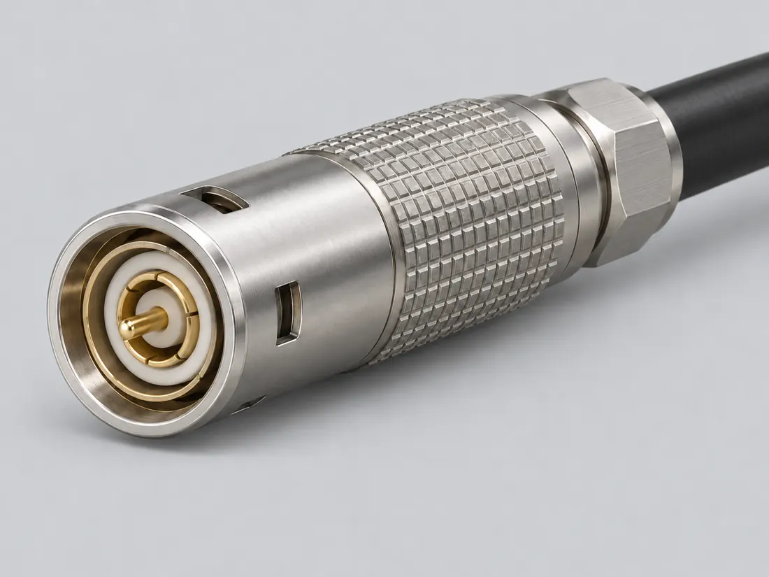 LEMO 3T 75-ohm broadcast triax connector: three-quarter view. Computer-generated illustration, not a photograph.