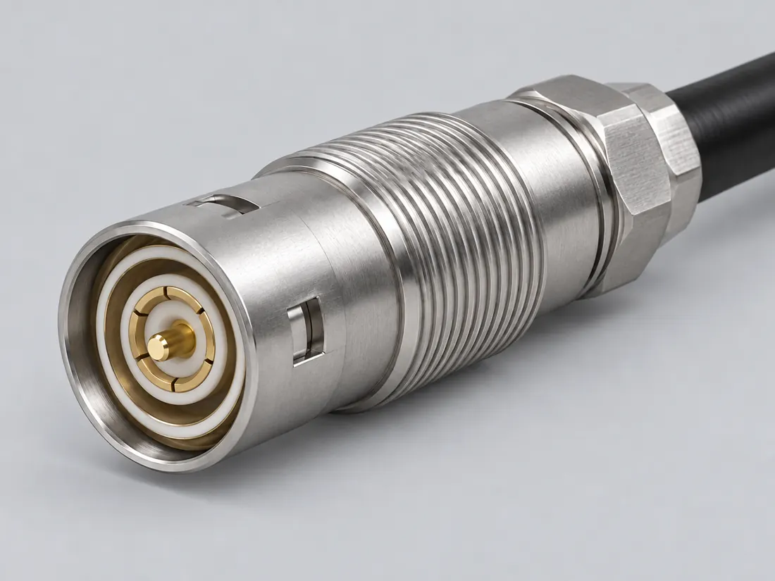 LEMO 4A 75-ohm broadcast triax connector: three-quarter view. Computer-generated illustration, not a photograph.