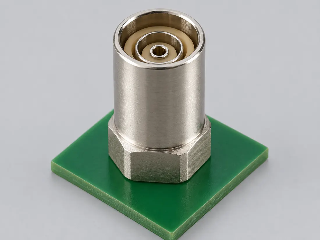 LEMO 00 NIM-CAMAC 50-ohm triax connector: three-quarter view. Computer-generated illustration, not a photograph.