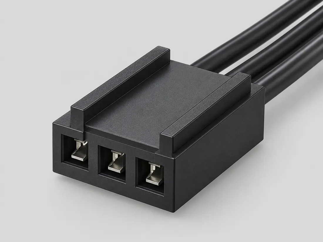 3-pin PC fan connector / motherboard header: three-quarter view. Computer-generated illustration, not a photograph.
