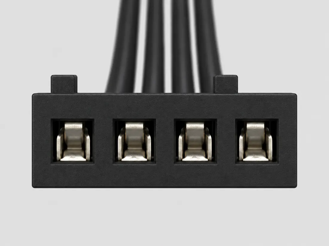 4-pin PWM PC fan connector / motherboard header: mating face. Computer-generated illustration, not a photograph.