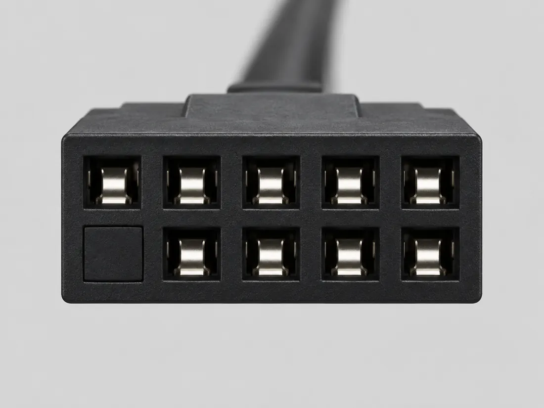 Internal USB 2.0 dual-port header — keyed 2×5, pin 9: fitted in place. Computer-generated illustration, not a photograph.