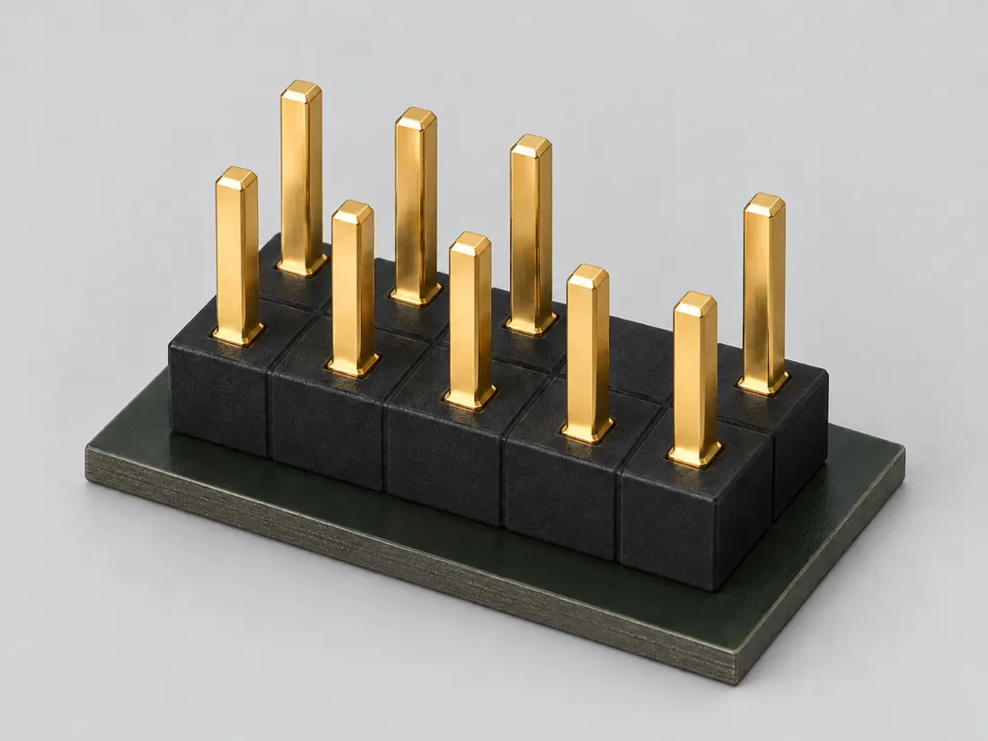 HD Audio front-panel header — keyed 2×5 (Intel example): three-quarter view. Computer-generated illustration, not a photograph.