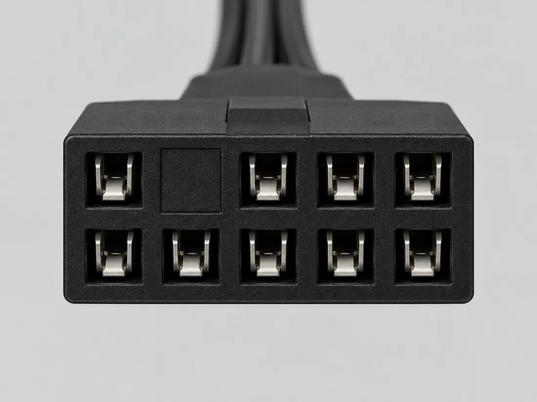 HD Audio front-panel header — keyed 2×5 (Intel example): fitted in place. Computer-generated illustration, not a photograph.