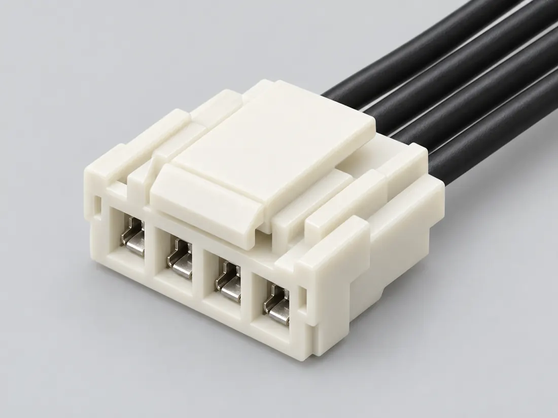 JST GH secure-lock wire-to-board connector family: three-quarter view. Computer-generated illustration, not a photograph.