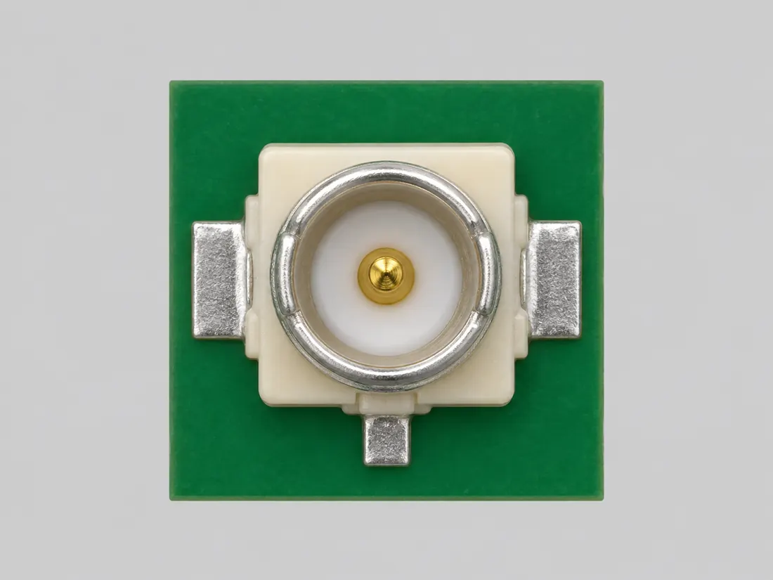 Hirose U.FL micro-coaxial RF connector: fitted in place. Computer-generated illustration, not a photograph.