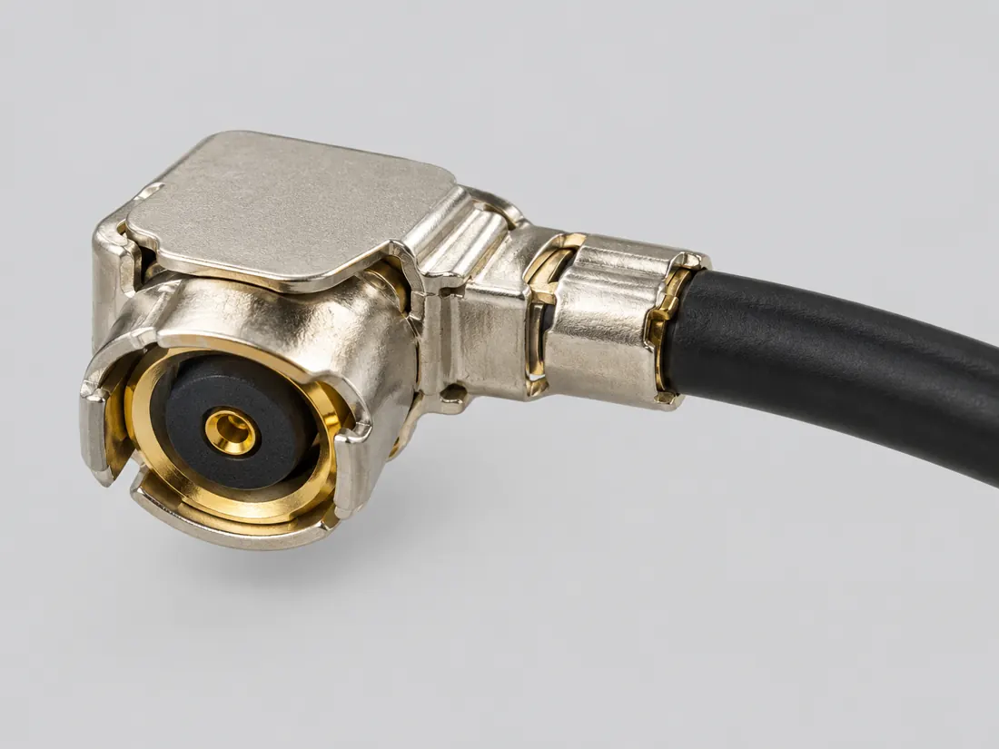 I-PEX MHF I micro-coaxial RF connector: three-quarter view. Computer-generated illustration, not a photograph.