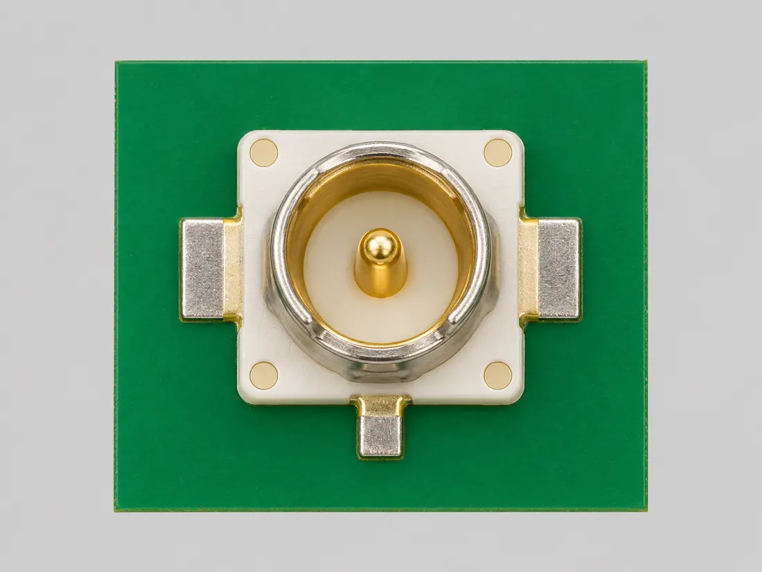 I-PEX MHF I micro-coaxial RF connector: fitted in place. Computer-generated illustration, not a photograph.