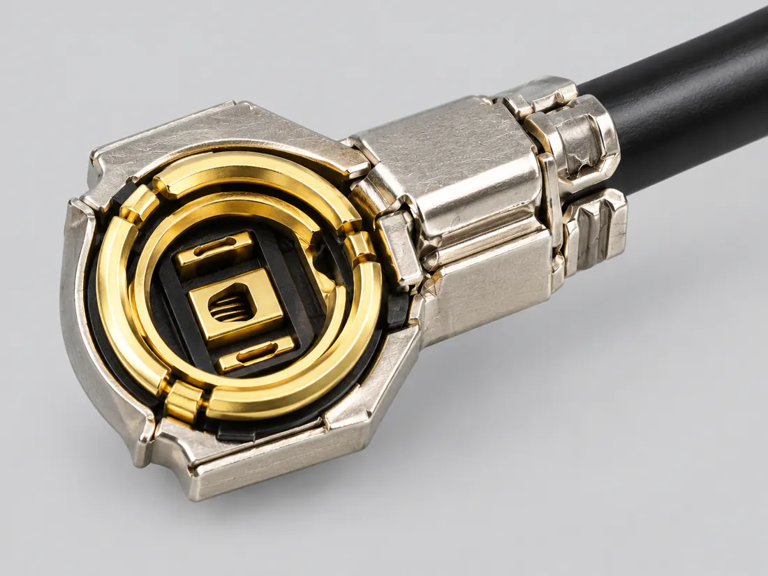 I-PEX MHF 4 low-profile micro-coaxial RF connector: three-quarter view. Computer-generated illustration, not a photograph.