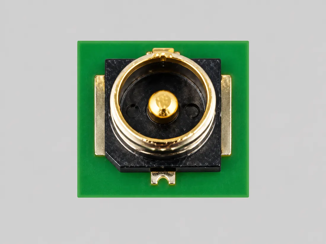 I-PEX MHF 4 low-profile micro-coaxial RF connector: fitted in place. Computer-generated illustration, not a photograph.