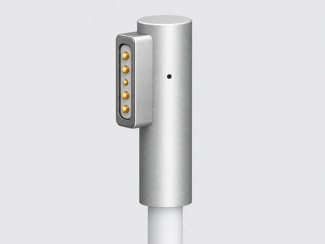 Apple original wired MagSafe — L-style and T-style: three-quarter view. Computer-generated illustration, not a photograph.