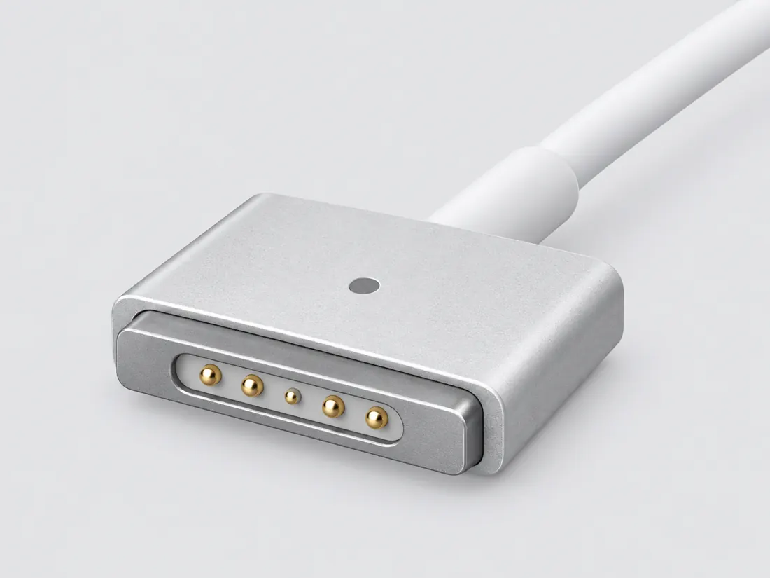 Apple wired MagSafe 2 laptop power connector: three-quarter view. Computer-generated illustration, not a photograph.