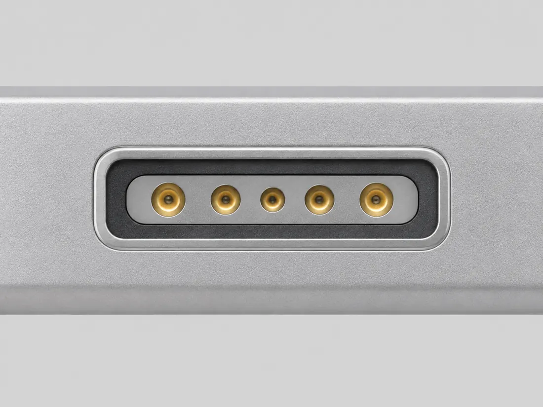 Apple wired MagSafe 2 laptop power connector: fitted in place. Computer-generated illustration, not a photograph.
