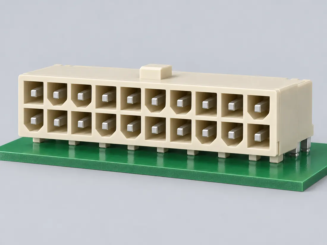 Molex Mini-Fit Jr. connector family: three-quarter view. Computer-generated illustration, not a photograph.