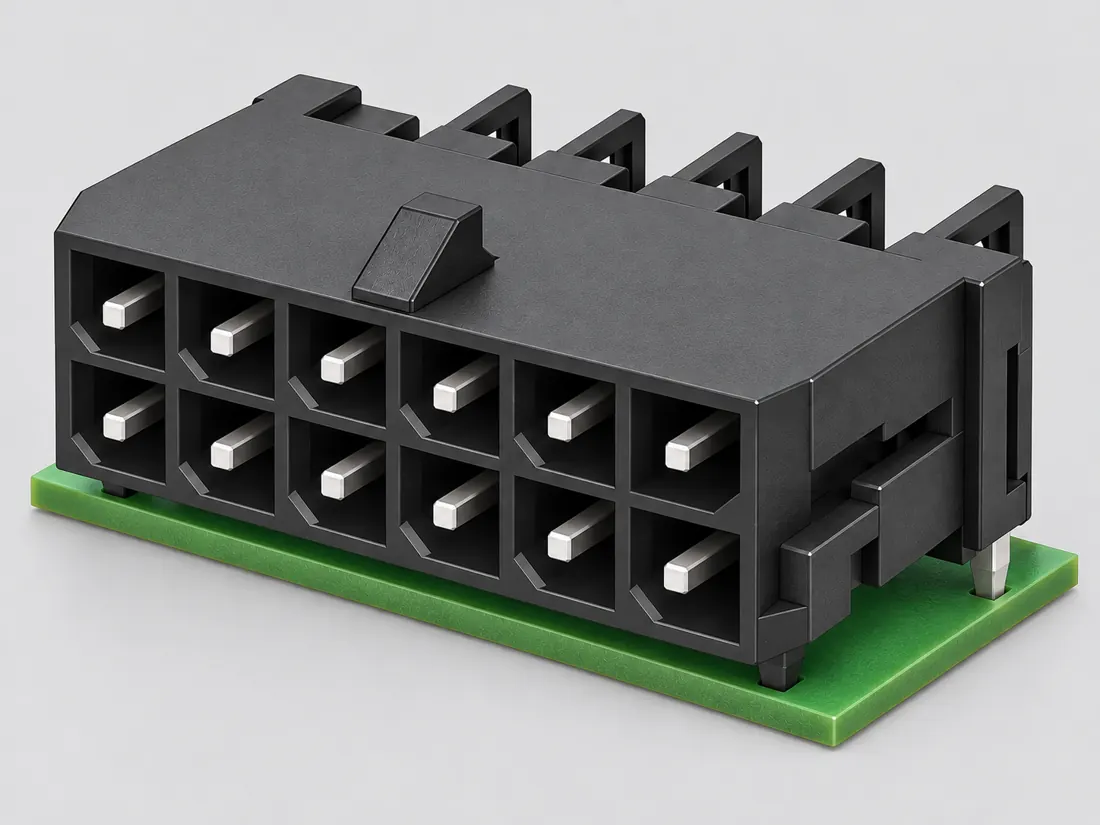 Molex Micro-Fit 3.0 connector family: three-quarter view. Computer-generated illustration, not a photograph.