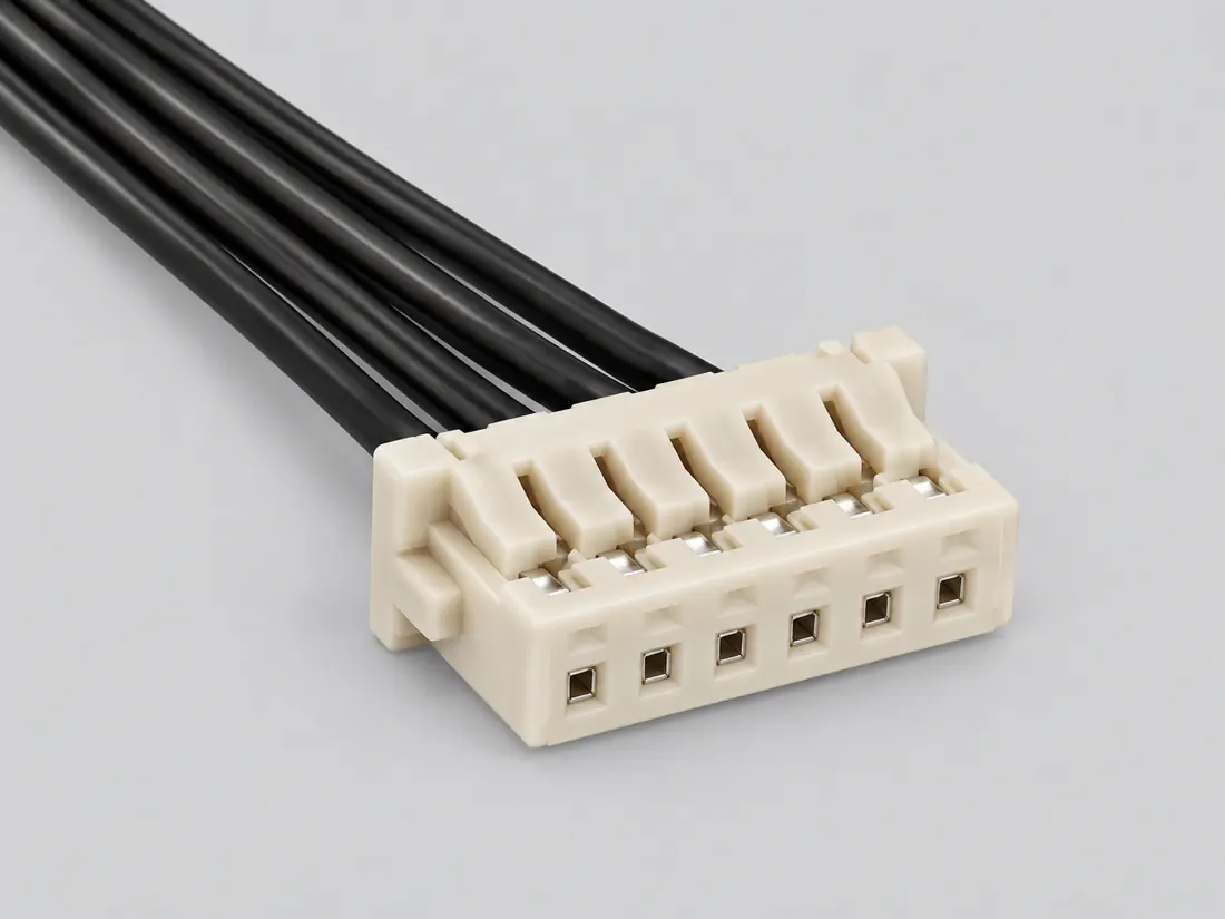 Hirose DF13 miniature crimp connector family: three-quarter view. Computer-generated illustration, not a photograph.