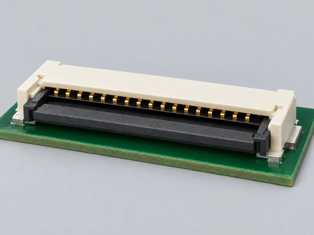 TE 0.5 mm top-contact FPC ZIF connector — 1-2492111-7: three-quarter view. Computer-generated illustration, not a photograph.