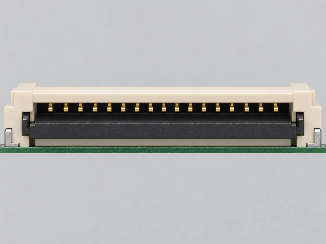 TE 0.5 mm top-contact FPC ZIF connector — 1-2492111-7: mating face. Computer-generated illustration, not a photograph.