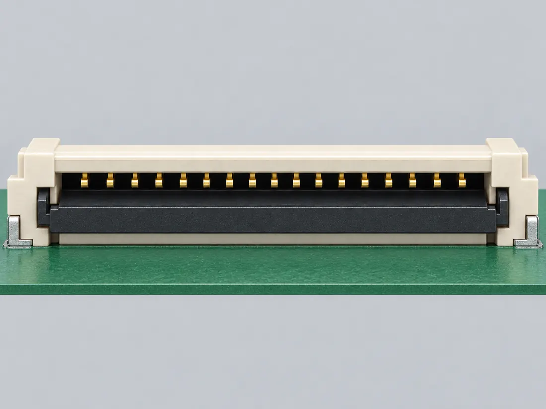 TE 0.5 mm top-contact FPC ZIF connector — 1-2492111-7: fitted in place. Computer-generated illustration, not a photograph.