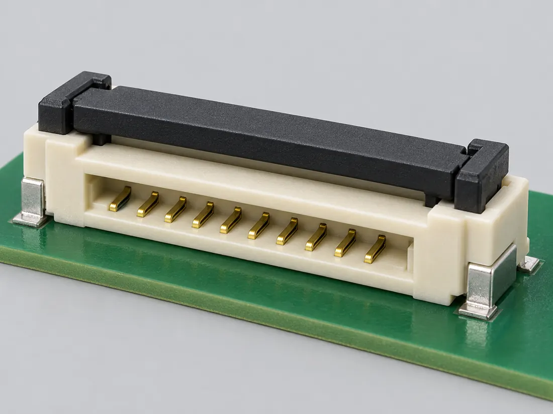 TE 0.5 mm bottom-contact FPC ZIF connector — 1-2492104-0: three-quarter view. Computer-generated illustration, not a photograph.