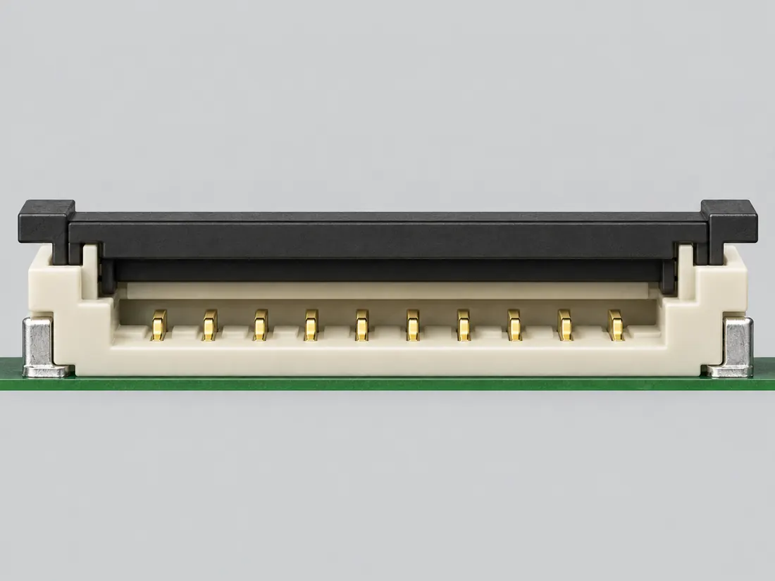 TE 0.5 mm bottom-contact FPC ZIF connector — 1-2492104-0: mating face. Computer-generated illustration, not a photograph.