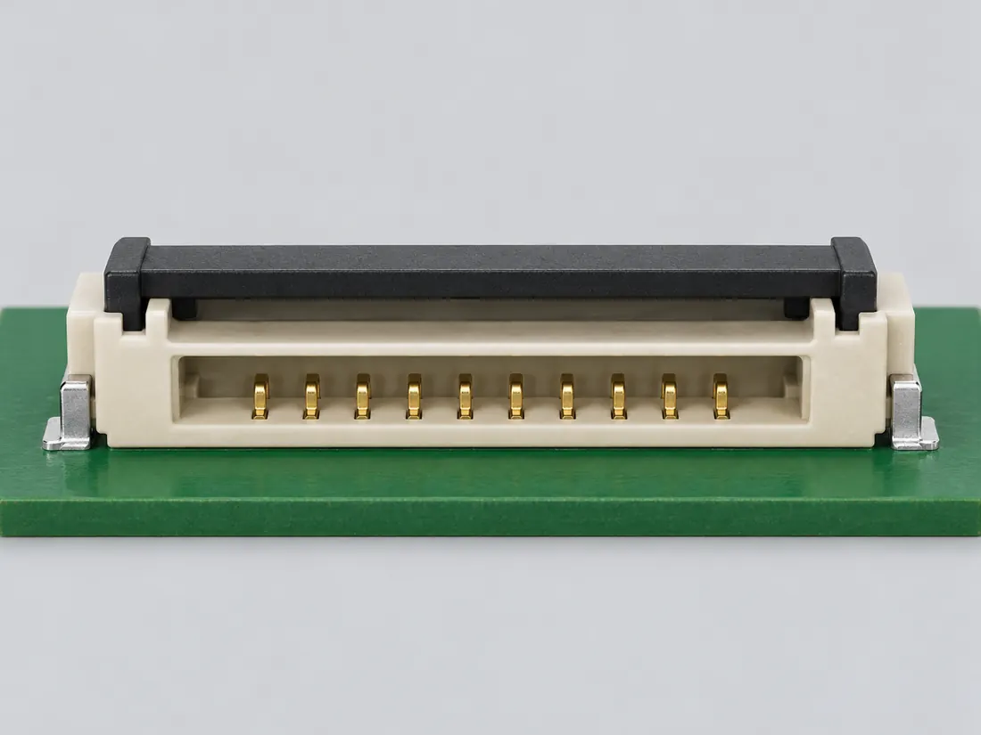 TE 0.5 mm bottom-contact FPC ZIF connector — 1-2492104-0: fitted in place. Computer-generated illustration, not a photograph.