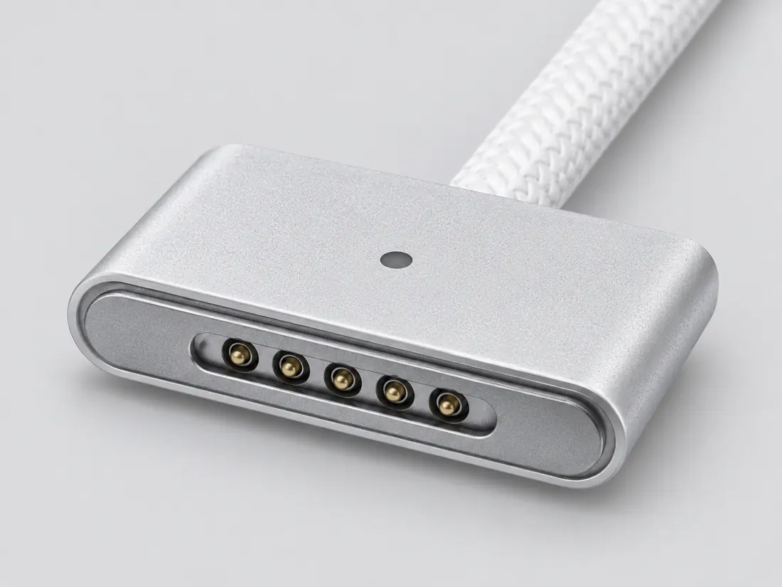 Apple wired MagSafe 3 laptop power connector: three-quarter view. Computer-generated illustration, not a photograph.
