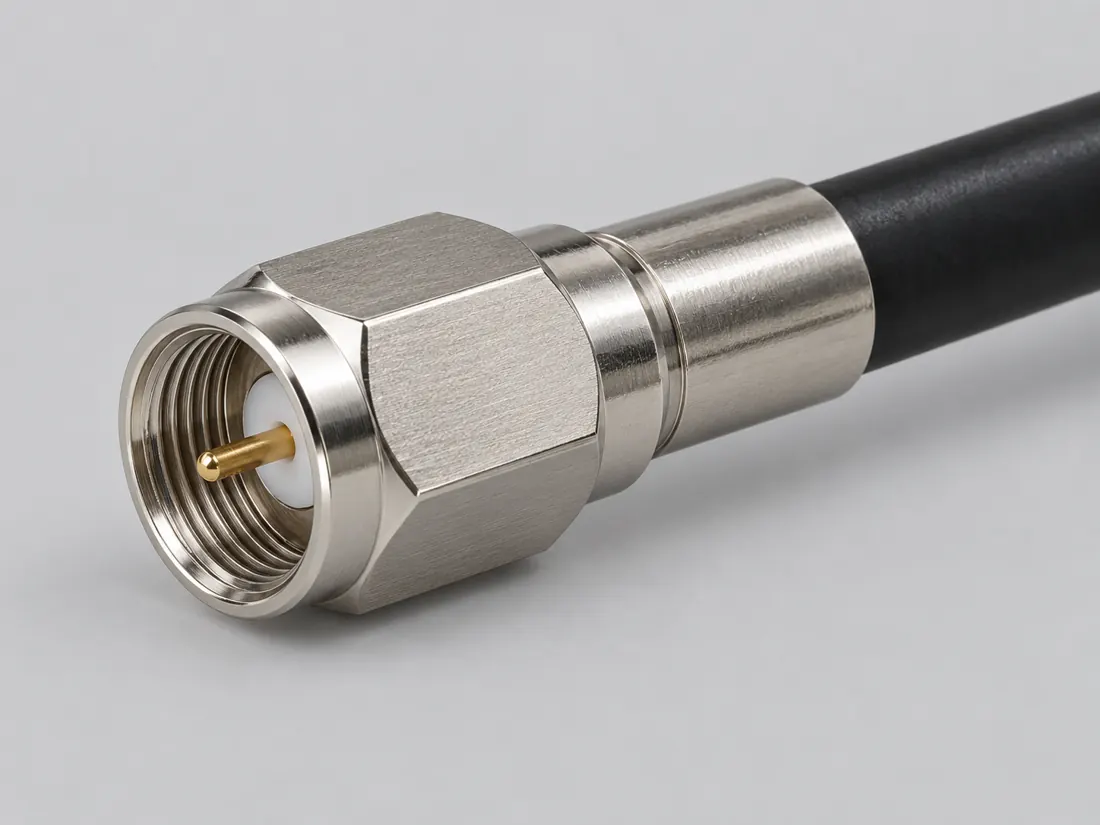 FME coaxial connector family: three-quarter view. Computer-generated illustration, not a photograph.