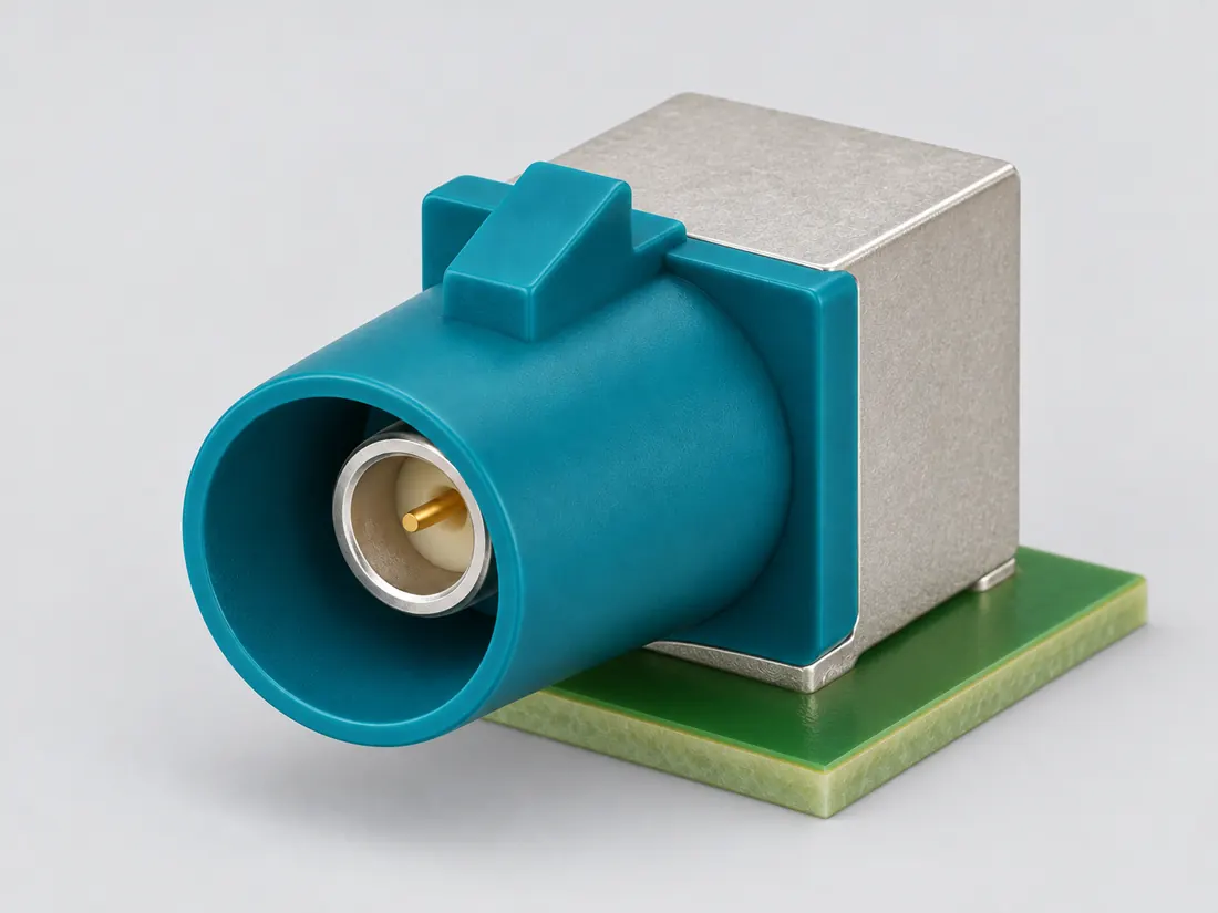 FAKRA keyed coaxial connector family: three-quarter view. Computer-generated illustration, not a photograph.