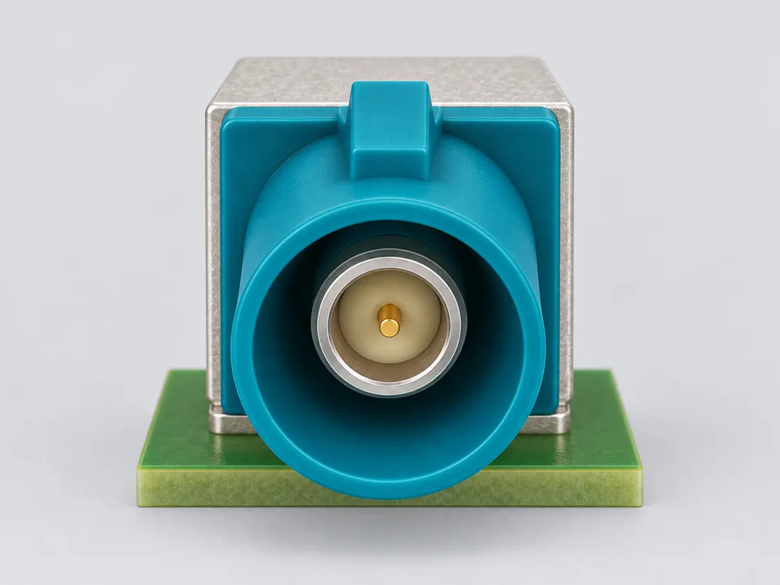 FAKRA keyed coaxial connector family: mating face. Computer-generated illustration, not a photograph.