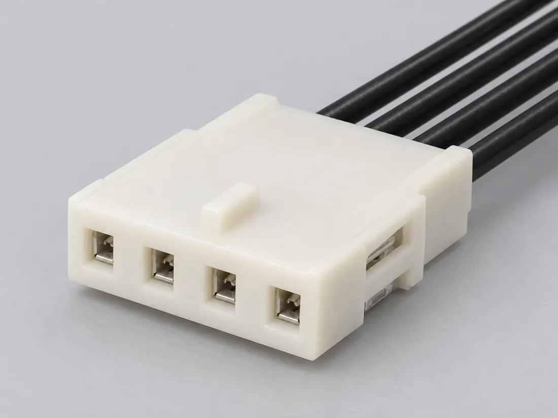 Miniature four-position floppy-drive power housing: three-quarter view. Computer-generated illustration, not a photograph.